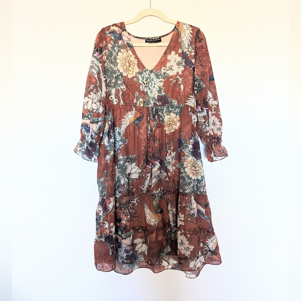Anthropologie Hemant and Nandita Brown Boho Floral Midi Dress size 4